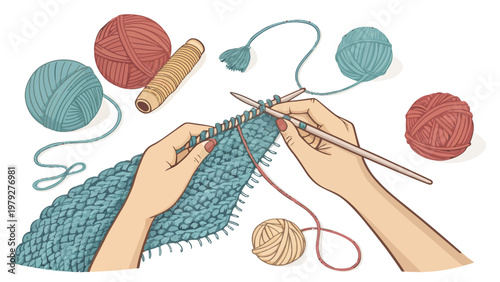 Hands knitting with yarn balls needles on a white background hobby leisure activity