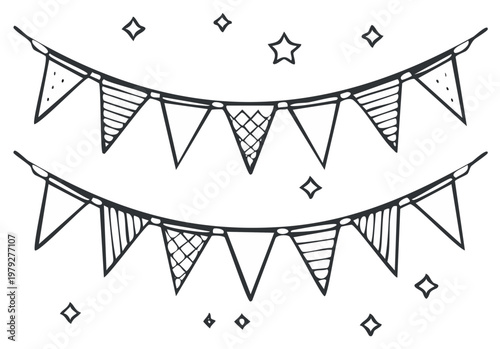 Hand-drawn Pennant Banner Strings and Stars. Black Ink Celebration Elements.
