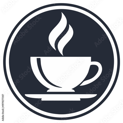 Coffee cup icon with steam, enclosed in a circle, isolated graphic