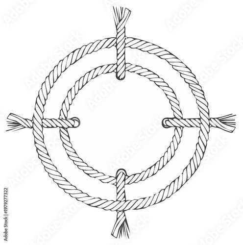 Abstract Graphic Element of Twisted Ropes forming a Circle Shape with Cross Stitching and Stranded Ends