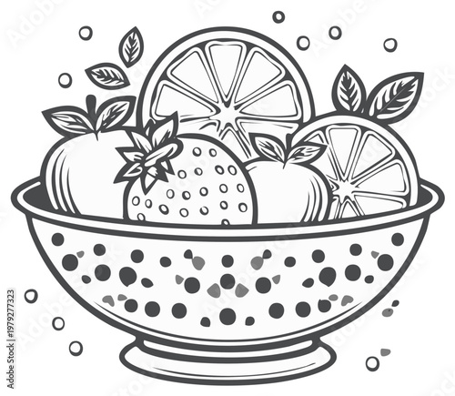 Black and white outline drawing of healthy produce strawberries oranges and citrus in a colander