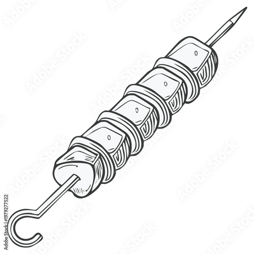 Hand-drawn sketch of a meat skewer with cubes of food on a metal rod, isolated on white