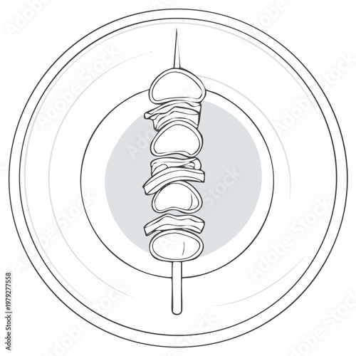 Monochromatic line art illustration of a food skewer presented on a clean dinner plate