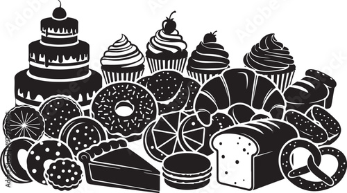 Variety of baked goods and desserts in black and white