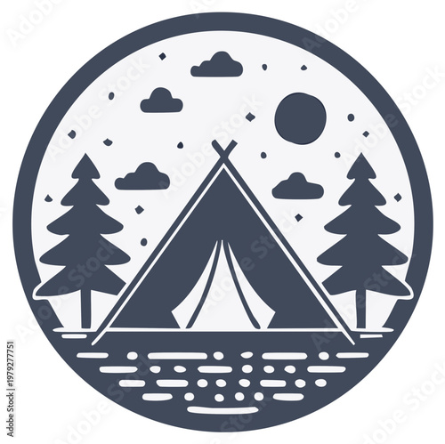 Circular Emblem Featuring a Tent, Trees, Moon, and Clouds