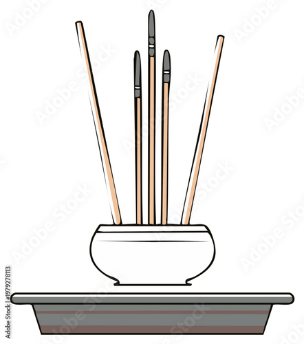 Incense sticks burning in a traditional white pot on a tray simple outline illustration