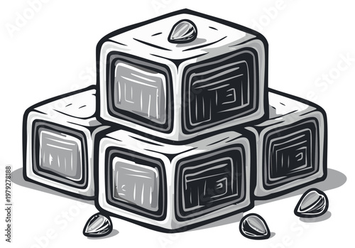 Stack of Sweet Cubes with Nuts, Monochrome Dessert Illustration for Recipes and Confectionery Designs