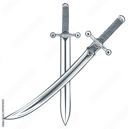 Two crossed ancient swords and saber depicted in a detailed linocut illustration style
