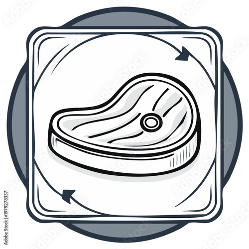 Raw T bone steak icon in a hand drawn sketch style with processing arrows symbol