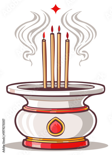 Decorative Incense Burner with Four Candles Emitting Wisps of Smoke and a Red Star Above
