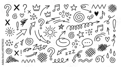Black and white doodle icons collage featuring arrows, symbols, shapes, and decorative marks for graphic design, backgrounds, and creative projects