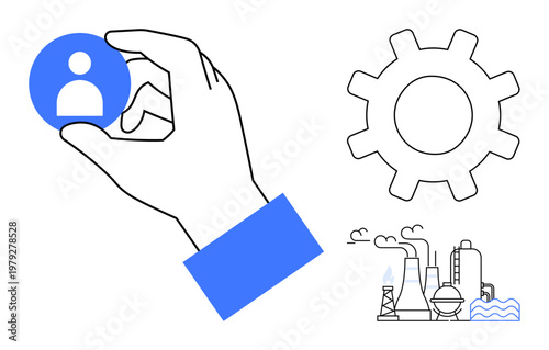 User management, industrial systems, workforce optimization, process automation, manufacturing, technology integration. Hand holding user icon, gear and factory elements. User management