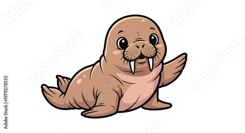 Cartoon walrus with tusks smiling.