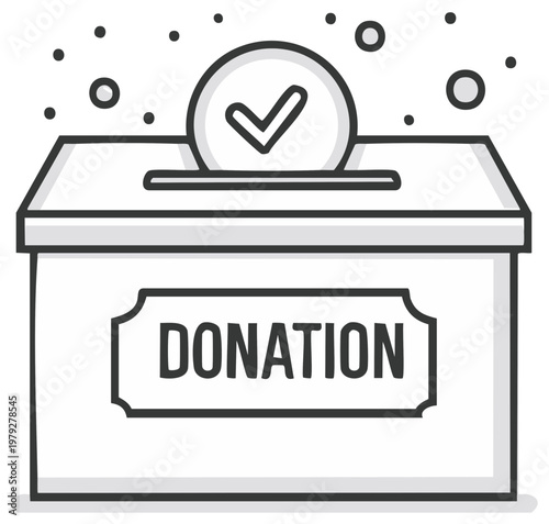 Donation box with check mark coin. Charitable giving concept, philanthropy.