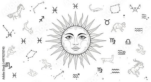 Celestial Sun Face with Zodiac Constellations and Symbols.