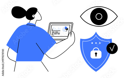Data protection concept. Data security symbols include shield with lock, analytics on device, and monitoring icon. Data protection ensures privacy, secure access, and cybersecurity. For IT, privacy
