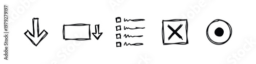 Hand Drawn Sketchy Web Interface Icons Set including Arrow Checklist Cross and Radio Button