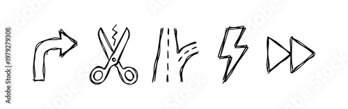 Collection of Hand Drawn Utility and Navigation Doodle Icons Including Lightning and Arrows