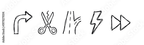 Rough Sketch Navigation Doodle Icons Set with Fast Forward and Scissors Symbols