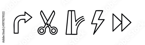 Minimalist Web Navigation Line Icon Set with Scissors Road and Media Controls