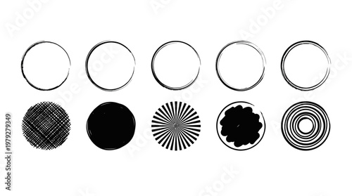 Demonstration of circle pattern fills and shading styles for vector graphics, including crosshatch, radial spokes, solid fill, and concentric rings