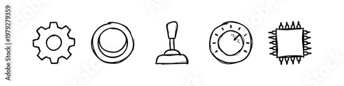Hand Drawn Industrial and Technology Doodle Icons Including Gear Lever and Microchip