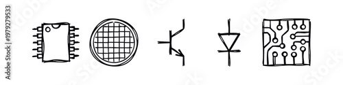 Hand-Drawn Electronic Components Doodle Set. Sketch Style Icons for Microchip Circuitry and Technology Development.