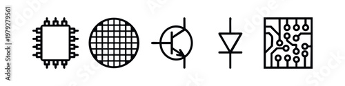 Electronic Engineering Component Icon Set. Minimalist Line Art for Microchip Processor and Circuit Design Symbols.