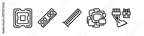 Computer Hardware Component Icon Set. Clean Line Art for CPU RAM Memory and PC Power Parts Visualization.