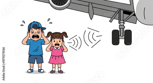 Children Covering Ears From Loud Airplane Noise.