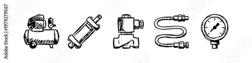 Hand-Drawn Industrial Pneumatic Tool Doodle Set. Sketch Style Icons for Compressor Pump and Pressure Gauge Tools.