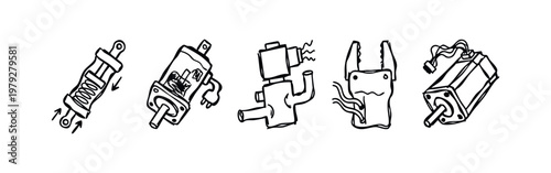 Hand-Drawn Robotic and Mechanical Parts Doodle Set. Sketch Style Icons for Motor Shock Absorber and Robotic Grippers.