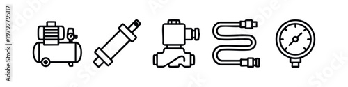 Industrial Pneumatic Component Icon Set. Clean Line Art for Air Compressor Pump and Mechanical Valves Schematic.