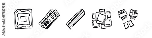Hand-Drawn Computer Hardware Doodle Set. Sketch Style Icons for CPU RAM GPU and PC Component Repairs.