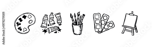 Set of Hand Drawn Art Supplies Icons in Sketchy Doodle Style