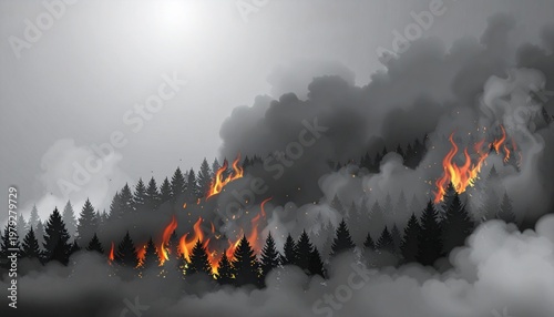 Forest Fire with Flames and Smoke Showcasing Natural Disaster, Environmental Impact, and Wildfire Photography Design