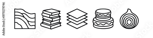 Multi-Layered Concepts Line Icons Set - Geological Strata, Book Stack, Diamond Layers, Cake, and Onion Section