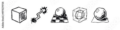 Abstract 3D Shapes and Geometry Hand Drawn Sketch Icons - Cube, Lightning, Sphere on Grid, and Polyhedron