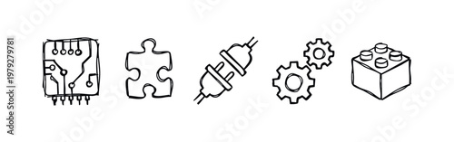 Foto Hand Drawn Technology and Logic Icon Set with Circuit Puzzle Plug Gears and Bloc