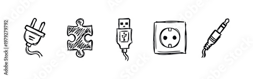Quadro su tela Hand Drawn Connection and Plug Icon Set with USB Puzzle Socket and Audio Jack