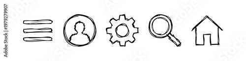 Hand drawn web navigation icons set with menu user profile gear and home