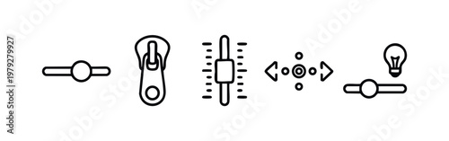 Minimalist outline control icons set featuring toggle switch zipper and lightbulb symbols