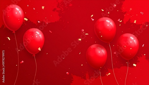 Red Balloons with Golden Confetti Against Vibrant Background Showcasing Festive Atmosphere, Celebration, and Party Photography