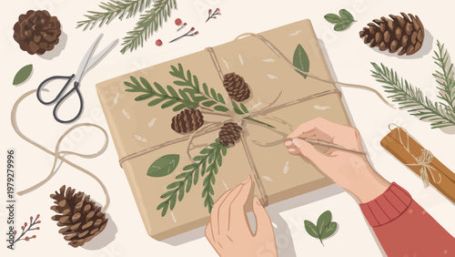 Hands wrapping a gift box with twine and kraft paper for christmas surrounded by pinecones and greenery on a beige background