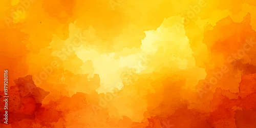 Vintage orange and yellow watercolor paint texture creates a grunge fire flame design with red smoke and hot light patterns on old paper