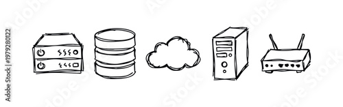 Hand drawn cloud computing and data center icons set featuring server and router