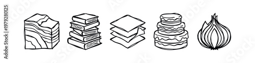 Hand drawn concept icons of layers including books onion and geological strata