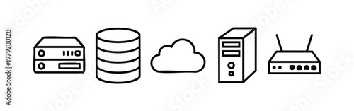 Clean line vector icons for cloud storage data centers and network hardware equipment