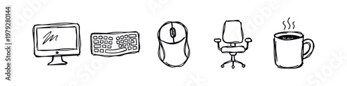 Hand drawn office workspace icons set with computer keyboard and coffee cup