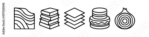 Vector line icons representing layers through books cake and cross section objects